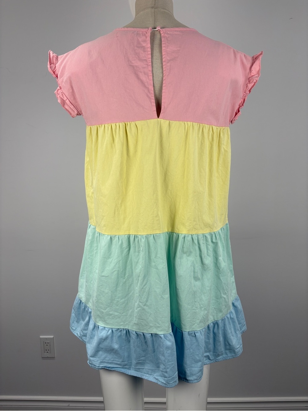 Southern Pastel Colorblock Tiered Mini Dress - Ruffle Sleeve Preppy S - Picture 3 of 12